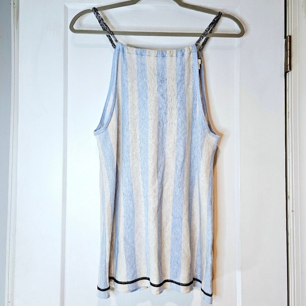 Lisa Todd Hands Up Linen Blend Striped Tank Blue White Tassel Tie Back Size S